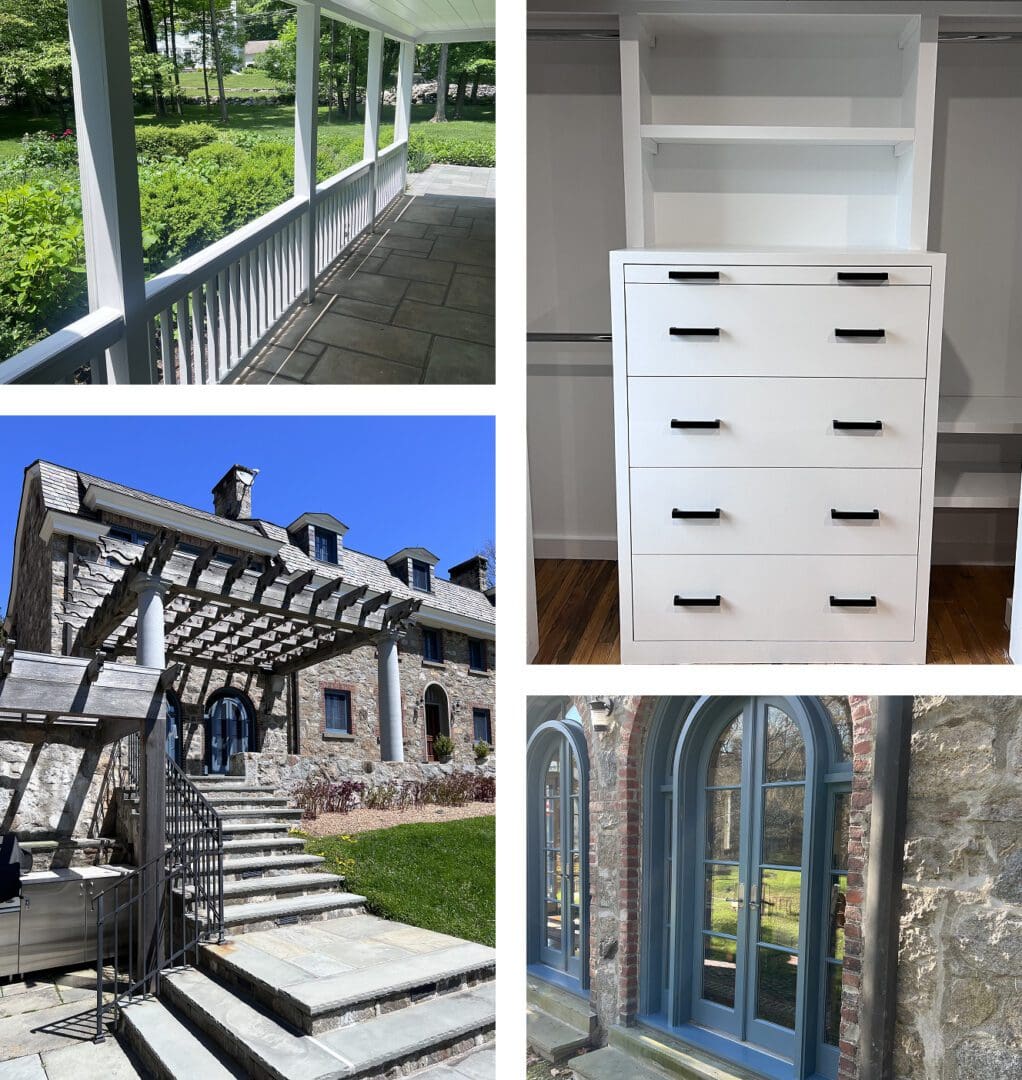 Collage of outdoor and indoor scenes including a porch, chest of drawers, stone pathway, and arched window.