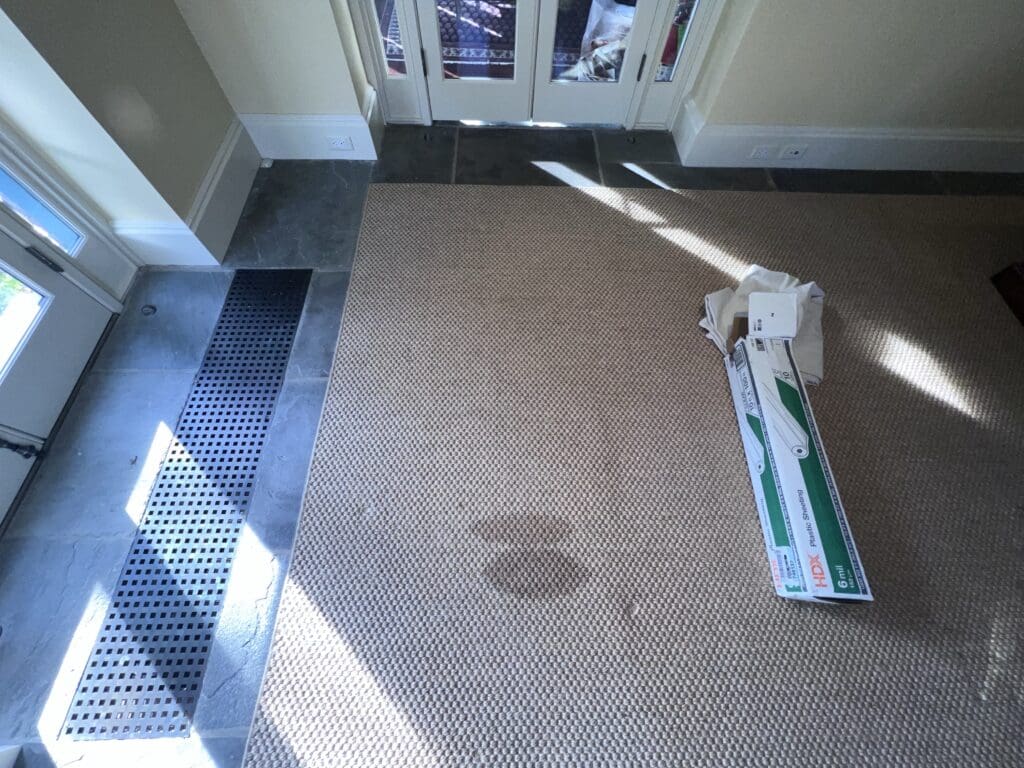 Carpet with a stain and a carpet cleaning tool nearby.