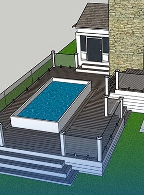3D model of a backyard with a pool and patio area.