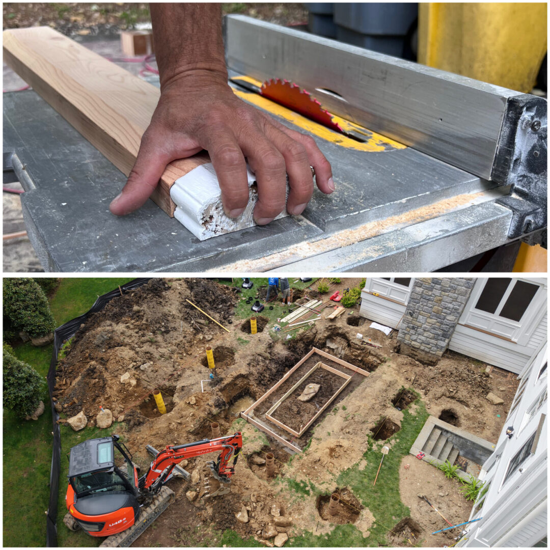 Construction work on deck and landscaping area.
