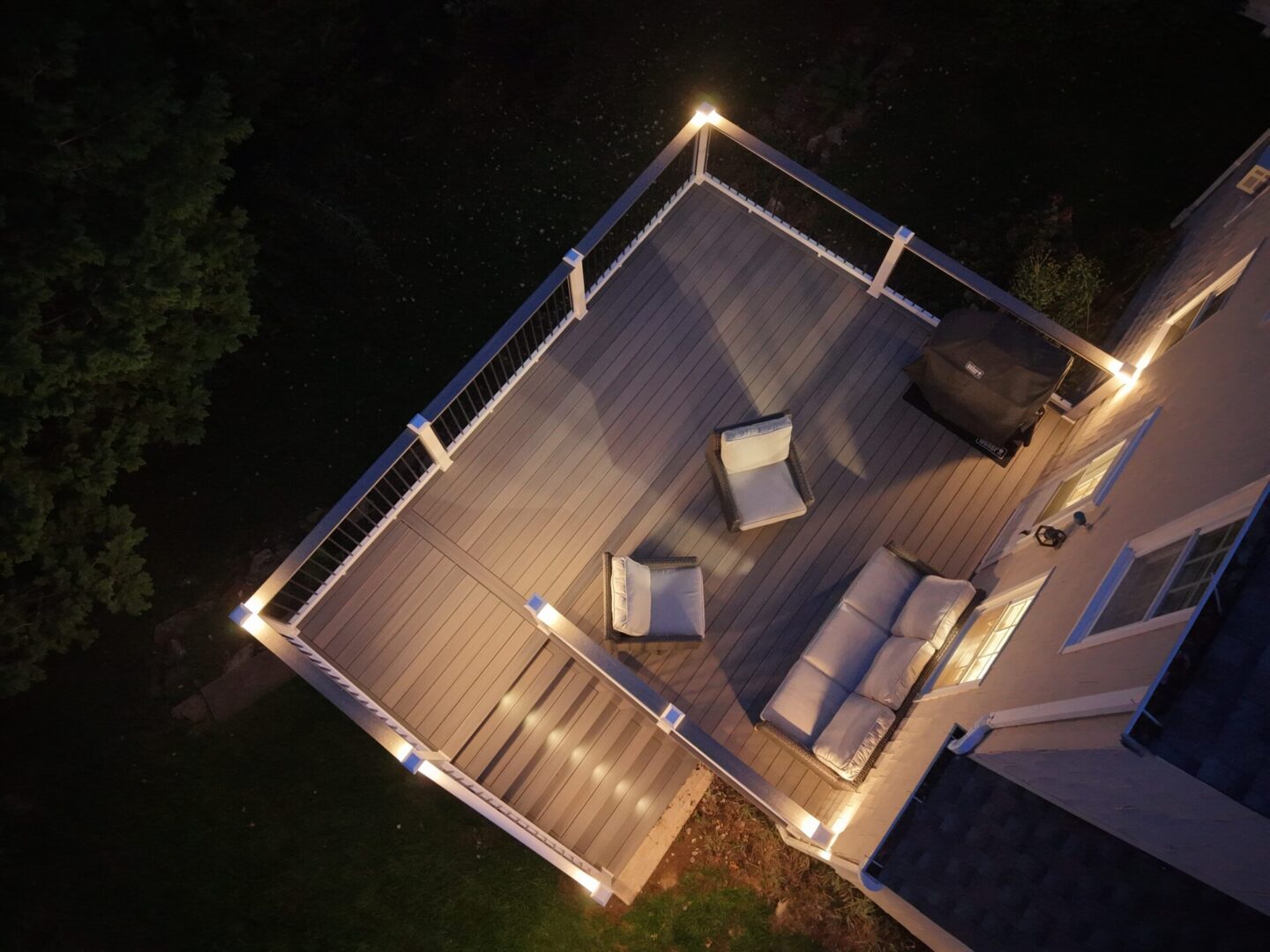 Aerial view of a deck at night.